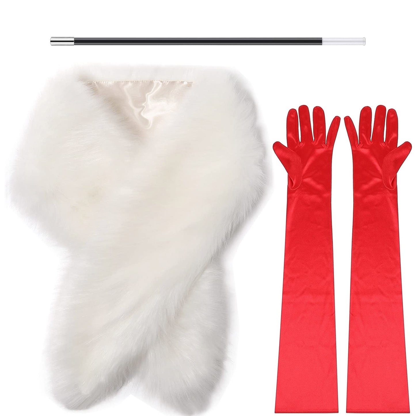 Zhanmai Halloween Costume Women 1920s Accessories Faux Fur Shawls Red Satin Opera Gloves Fake Long Holder for Cosplay Party