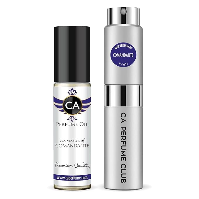 CA Perfume Duo Impression of Comandante For Women And Men Perfume Layering Set Long Lasting Travel Size EDP + Body Oil Roll-On Bottle 0.27 Fl Oz+0.33 Fl Oz