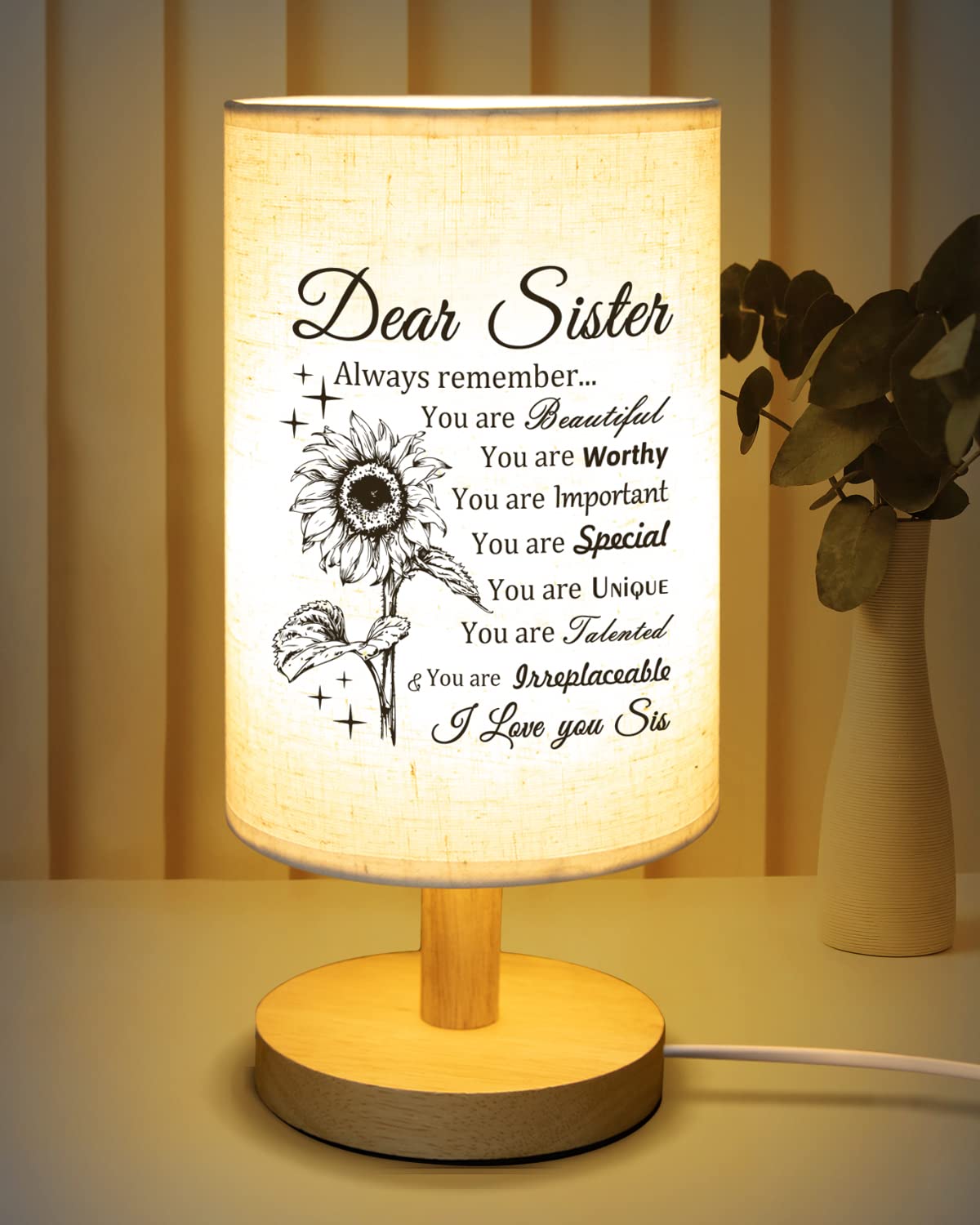 Calibron Sister Gifts, Sister Birthday Gifts Fabric Lamp, Birthday Gifts for Sister, Sisters Gifts from Sister Table Lamp with Wooden Stand, Anniversary Wedding Gifts for Sister