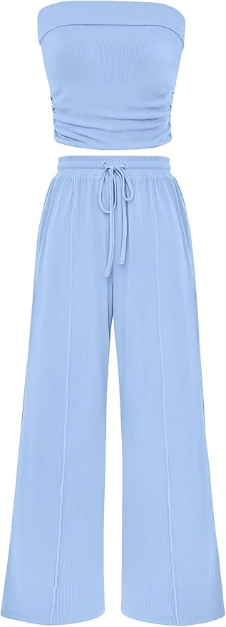 PRETTYGARDEN Womens Summer Outfits 2 Piece Sets Casual Ribbed Knit Crop Tube Top Wide Leg Pants Spring Matching Lounge Set