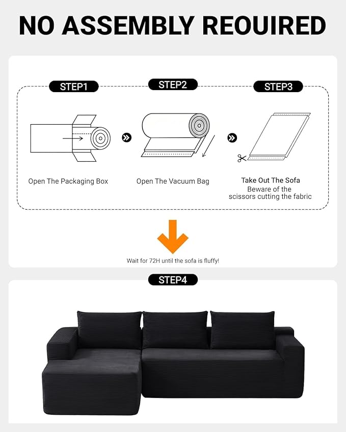 Vanress 97" Cloud Couch Sectional, Corduroy Boneless Couch with L-Shape Chaise,Modern Modular Sectional Sofa Comfy Deep Seat for Living Room, Bedroom, No Assembly (Black, Left Facing Chaise)