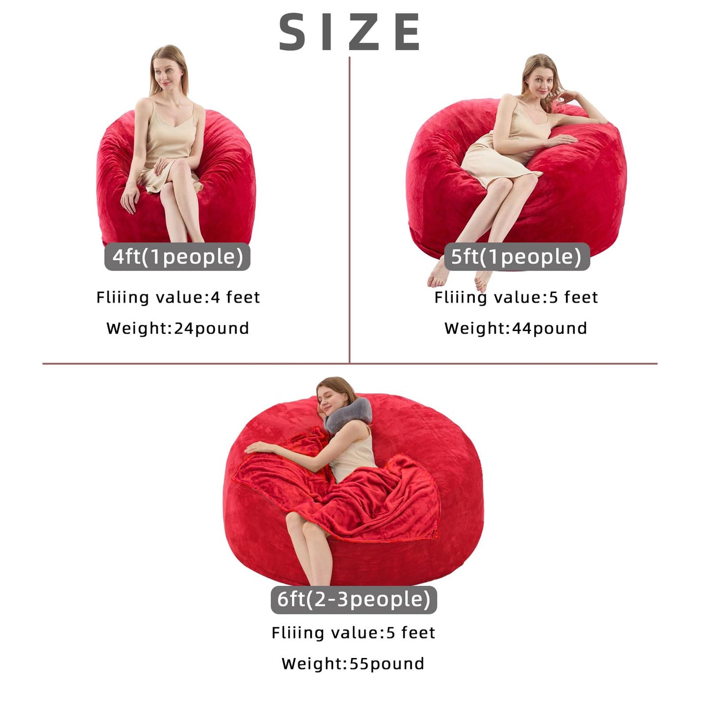 4FT Bean Bag Chairs for Adults，Bean Bag with Filler Included，Memory Foam Chair，with Flannel Cover, Detachable and Washable, Suitable for Lounge Chairs in bedrooms Dormitories (Red, 4FT)