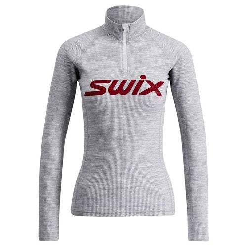 Swix Women's Winter Sports Cross-Country Skiing Training Warm Lightweight Race X Merino Half Zip Baselayer, Light Grey Melange Red, Medium