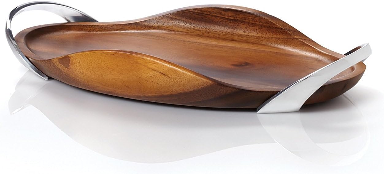 nambe Bella Wood Handled Tray | Large Wooden Serving Tray with Handles for Dinner, Appetizers, and Snacks | Made of Metal Alloy and Acacia Wood | 18 Inch Bread Board | Designed by Steve Cozzolino