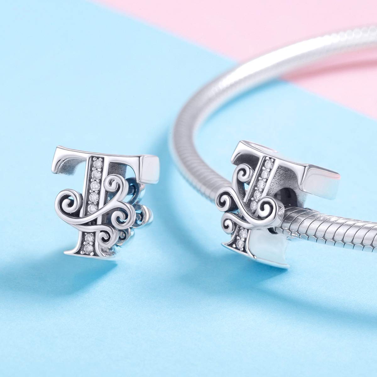 BISAER 925 Sterling Silver Initial Letter T Charms for Bracelets Alphabet Beads Charm Jewelry Gifts