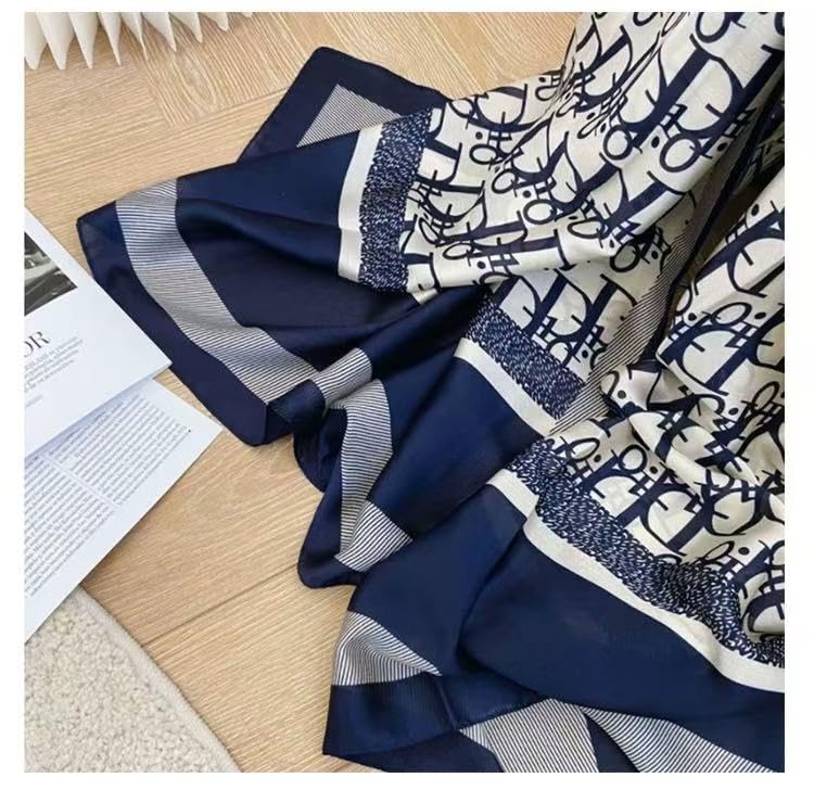 Designer Monogram Print Silk Scarf, Navy Blue and White, Luxury Fashion Accessory for women