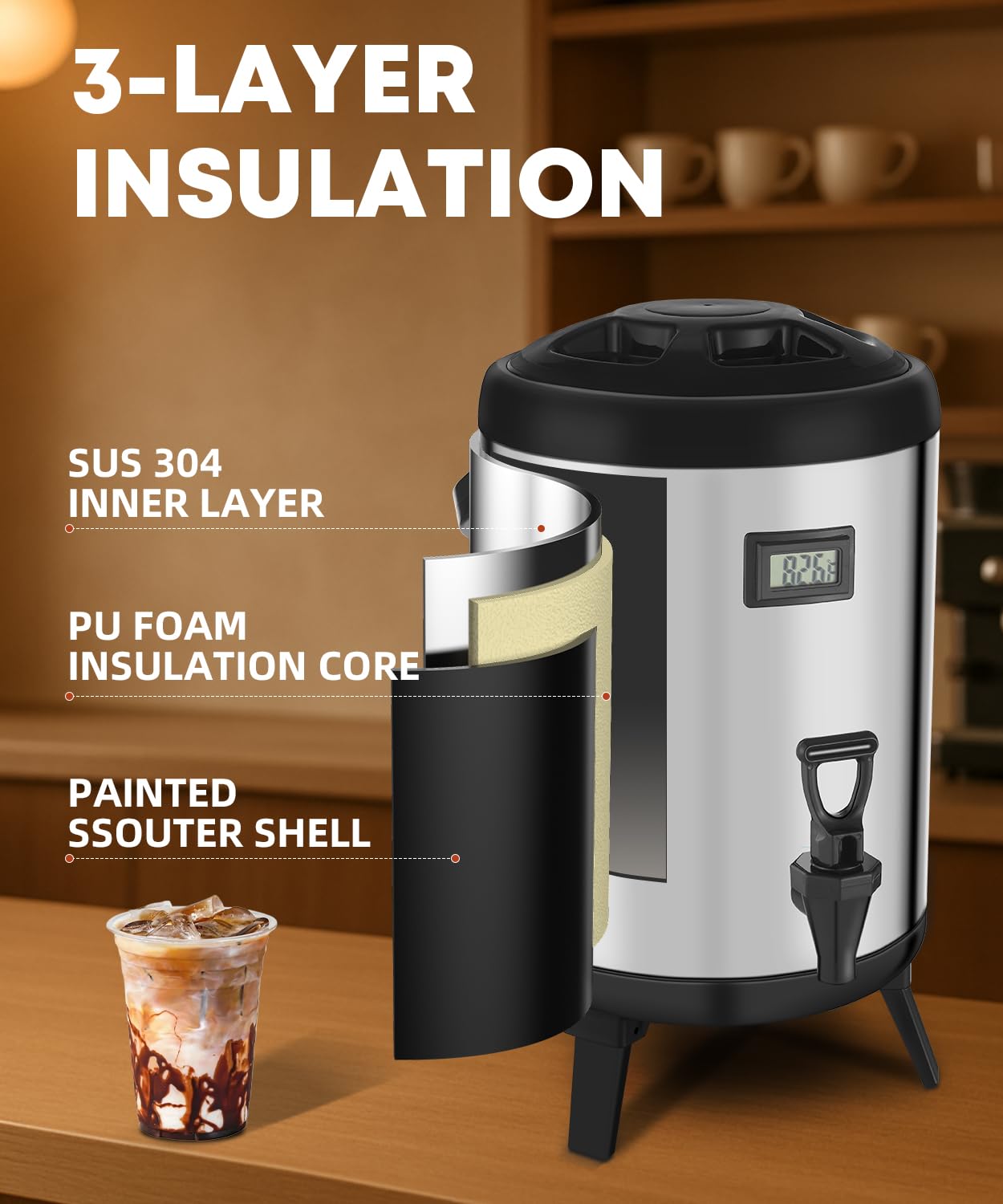 THXSUN Insulated Beverage Dispenser with Spigot,2.2 Gallon/8L Coffee and Drink Server,Non-electric Thermal Hot and Cold Beverage Dispenser for Juice Chocolate Tea Milk