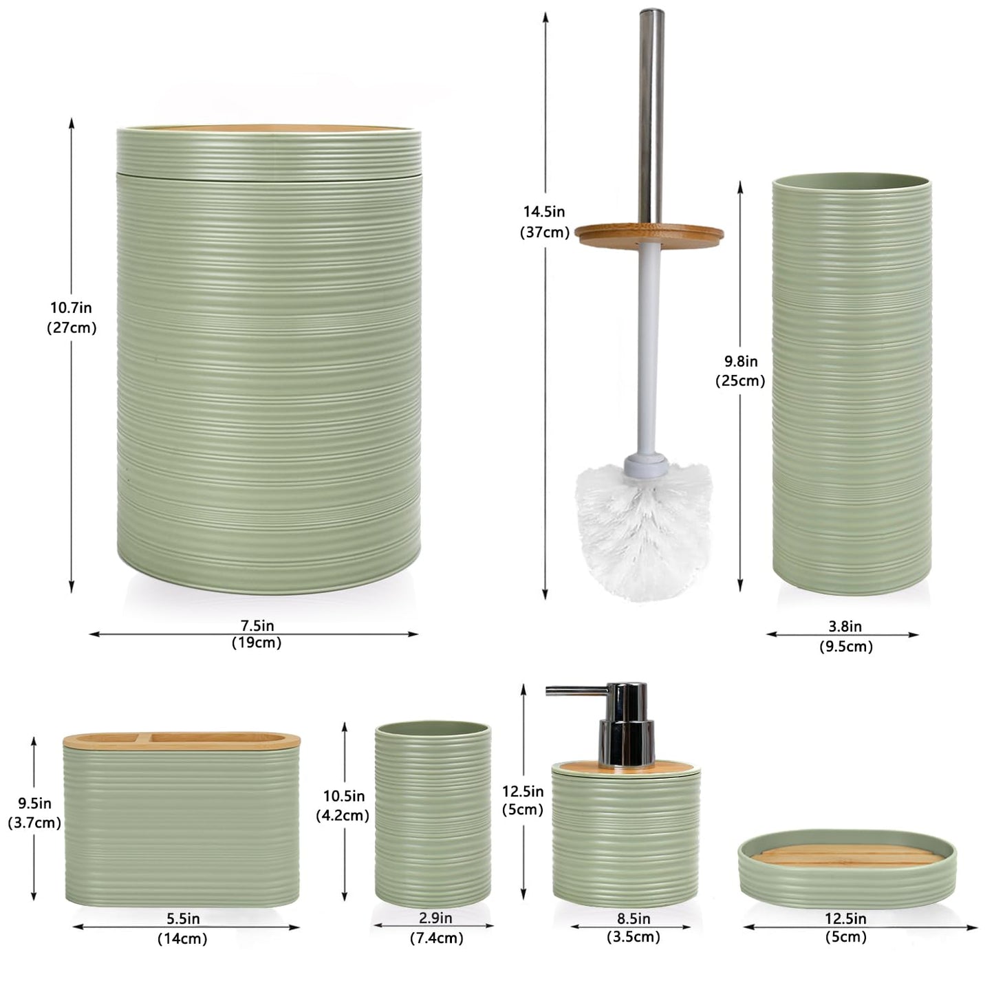CERBIOR Bathroom Accessories Set 6 Piece Bamboo Bath Ensemble Includes Soap Dispenser, Toothbrush Holder, Toothbrush Cup, Soap Dish for Decorative Countertop and Housewarming Gift, Sriral Green