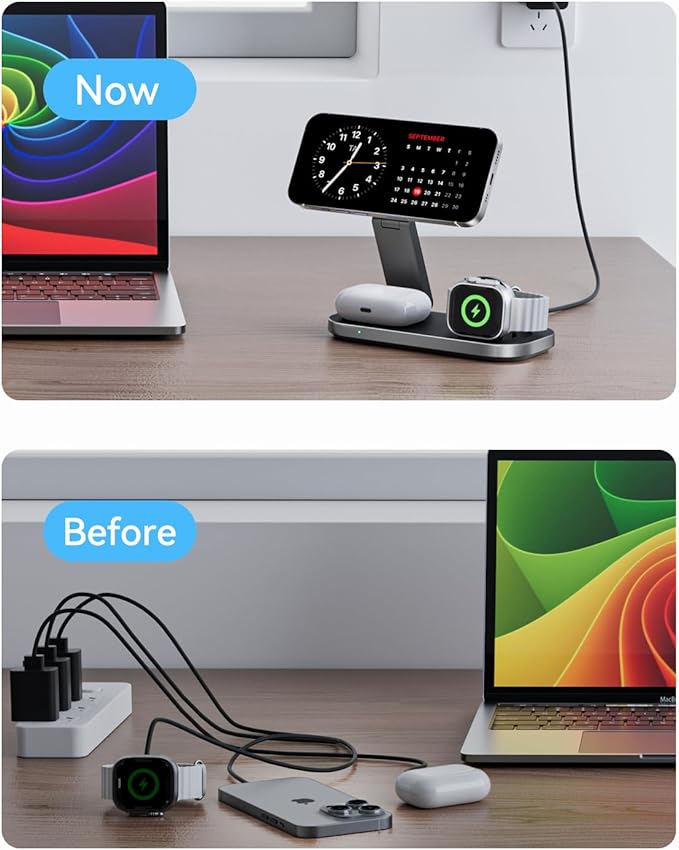 3 in 1 Wireless Charging Station for Apple Devices, Magnetic Foldable Fast Charger Stand Compatible with MagSafe for iPhone Air/17/16/15/14/13/12 Series, Apple Watch & AirPods Pro/4/3/2