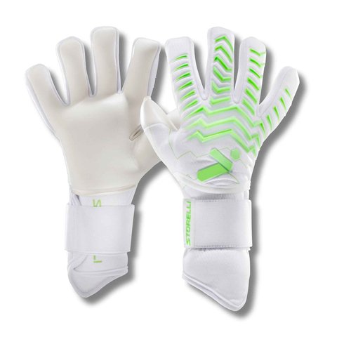 Storelli Electric Goalkeeper Gloves, High-Impact Hand Protection With 5 Removable Finger Spines, German Contact Latex, Wrist Strap, Extended Cuff, Youth & Adults, Unisex, 1 Pair, White Charge, Size 11