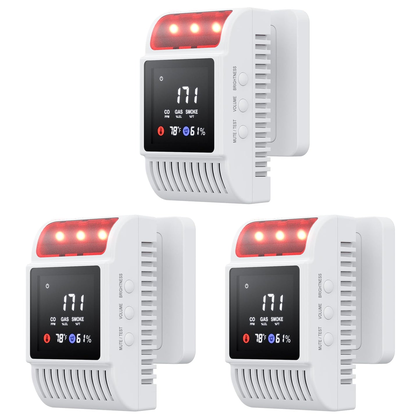 Carbon Monoxide Detectors & Gas Detector, Smoke and Carbon Monoxide Detector Battery Backup with Temperature Humidity Detection, Fire Alarms Smoke Detectors Adjustable Brightness & Sound 3 Pack