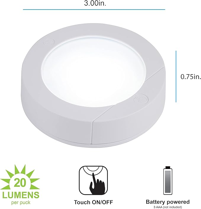 GE Wireless LED Puck Lights, Battery Operated, 20 Lumens, Touch Light, Tap Light, Stick On Lights, Under Cabinet Lighting, Ideal for Kitchen Cabinets, Closets, Garage, 6 Pack, 45994