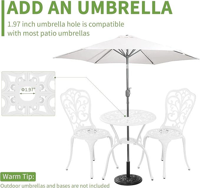 Withniture Bistro Set 3 Piece Outdoor Cast Aluminum Patio Bistro Set with Umbrella Hole, All Weather Bistro Table and Chairs Set, Small Patio Furniture Set for Garden, Porch,White