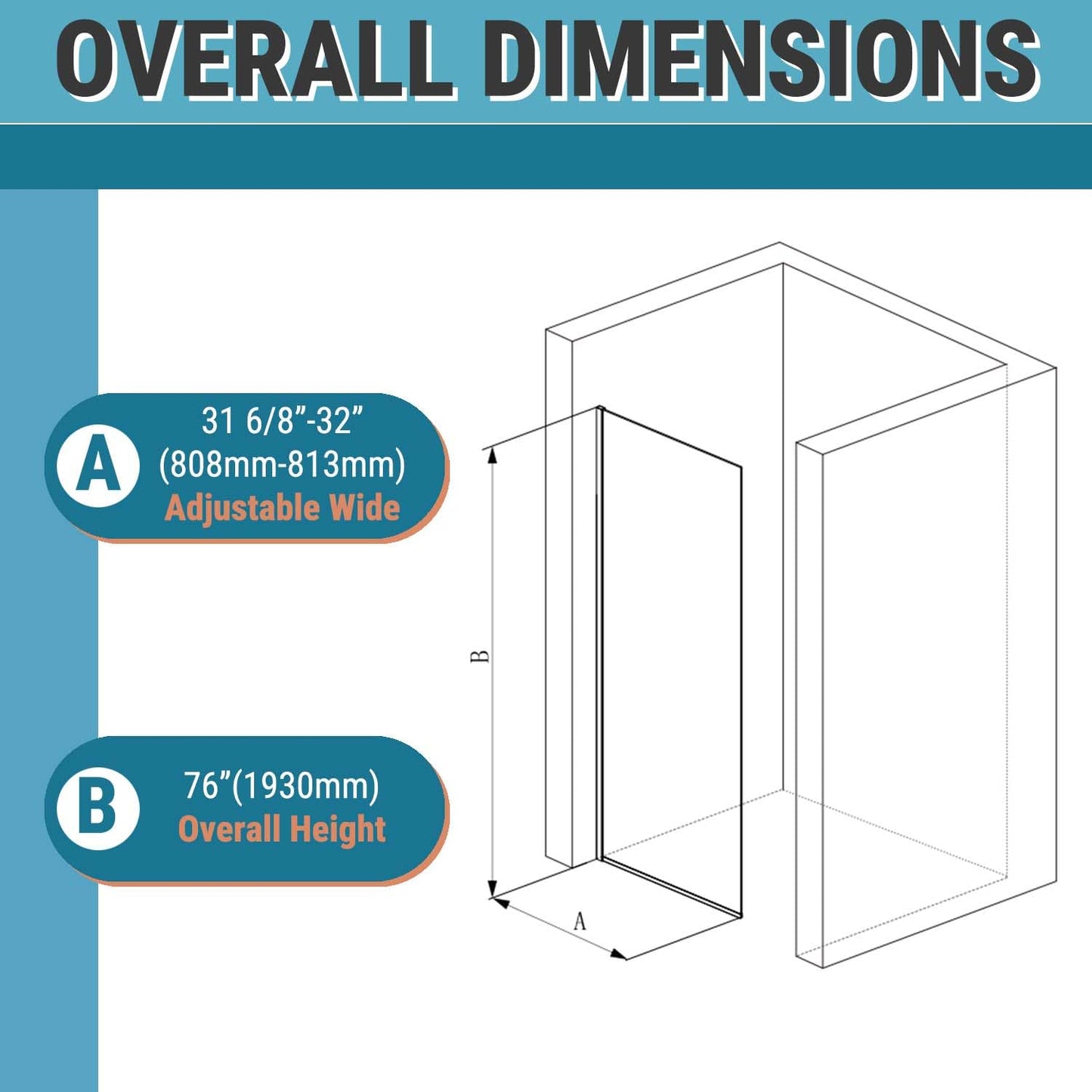 Sunrosa 32"×76" Shower Glass Panel,8mm Thick Glass Shower Panel,Brushed Gold Semi-Frameless Bathroom Shower Glass, Easy to Clean