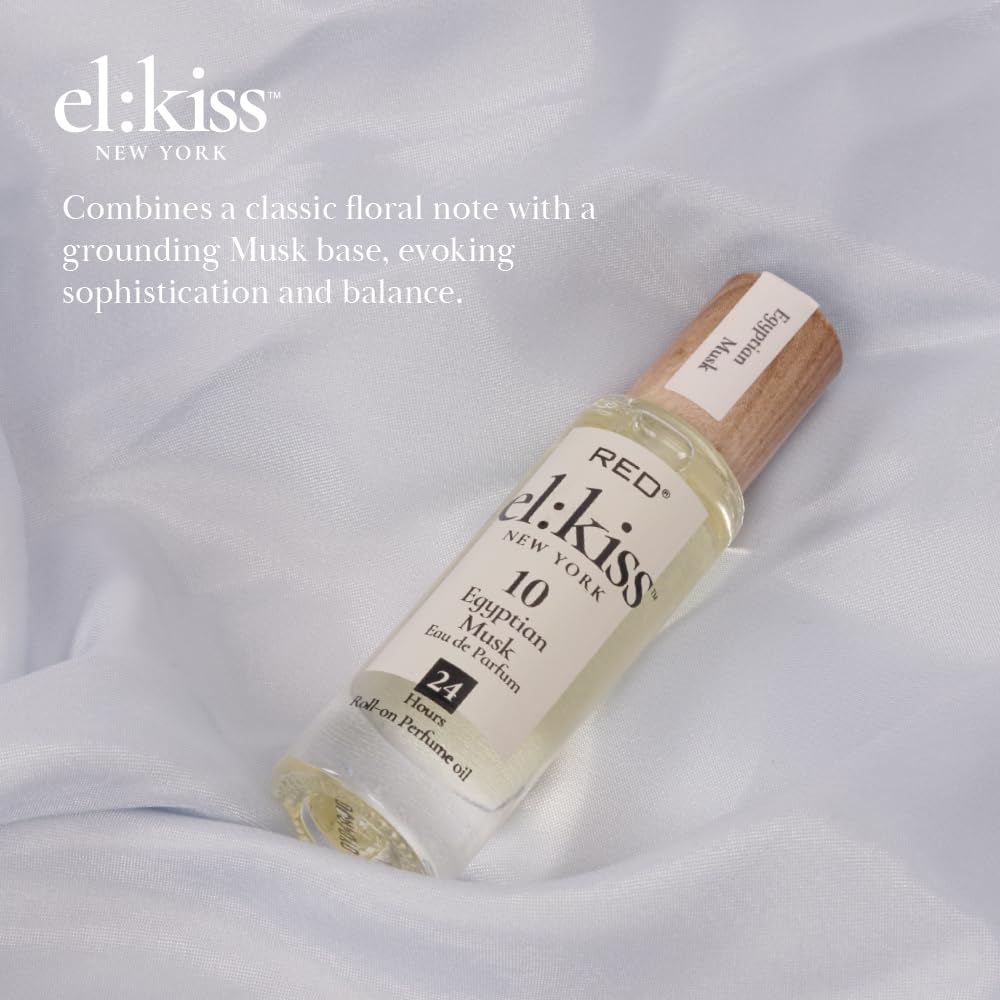 EL:KISS Roll On Perfume, Egyptian Musk Eau de Parfum 12mL (.40 Fl Oz), Hydrating & Long-Lasting, Alcohol-Free & Mineral Oil-Free, Infused with Jojoba, Argan & Coconut Oil