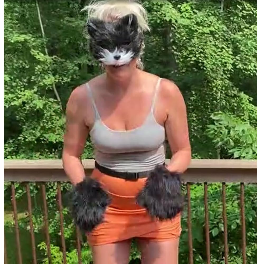 Mifhnby Faux Fur Fox Tail Wolf Cat Mask Paw Gloves Leather Necklace Set Halloween Christmas Party Cosplay Costume (black White)
