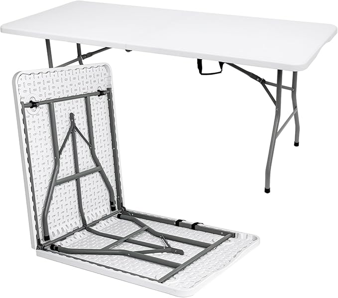 HUZJIEHUI 70.8" W X 29" D X 29" H - 6 ft Folding Table White Portable Heavy Duty Plastic Fold-in-Half Utility Foldable Tab...