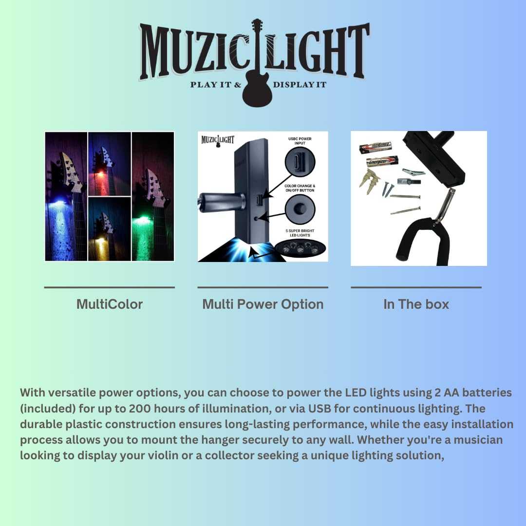 Muziclight Light Up Guitar Wall Mount, Led Guitar Wall Hanger, Guitar Wall Bracket With Light, Lit Holder For Electric Guitars,