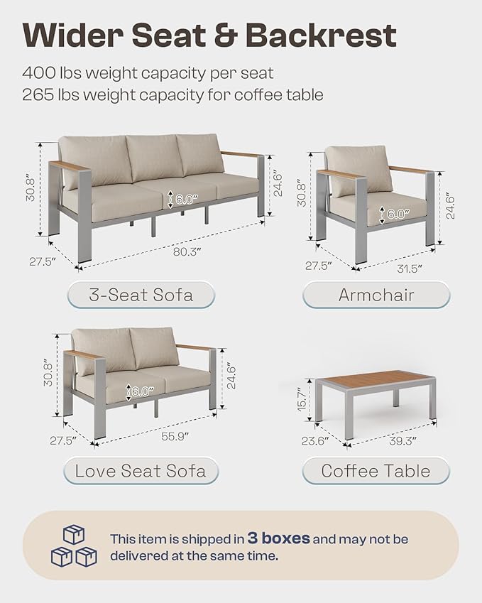 Oasbira Aluminum Outdoor Patio Furniture Set with Coffee Table, 4 Piece Patio Conversation Sets with Washable Thick Cushions, Outdoor Sectional Furniture Set for Porch, Balcony, Deck, Yard, Silver