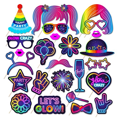25pcs Glow Neon Photo Booth Props with Stick, Photo Props for Birthday Let's Glow Themed Neon Glow in The Dark Disco Black...