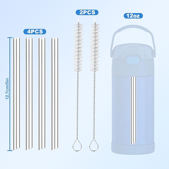 4pcs Metal Straws for THERMOS FUNTAINER 12oz Kids Bottle, Reusable 12.7cm/5in Short Stainless Steel Straws with 2pcs Cleaning Brushes for Cocktails Small Glasses and Cups
