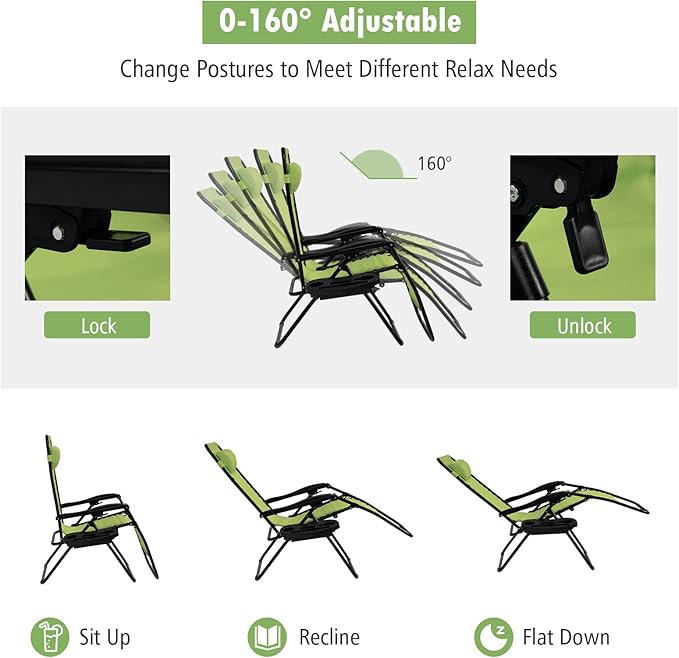 Tangkula Set of 2 Zero Gravity Chair, Folding Patio Lounge Chair Adjustable Outdoor Recliner with Cup Holder, Wide Armrest for Patio Garden Poolside Outdoor Yard Beach, Support 350 lbs (2, Green)