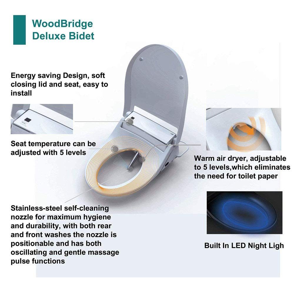 WOODBRIDGE BDI-01 Elongated Bidet Seat with Air Dryer and Stainless-Steel Nightlight | Nozzle Oscillation