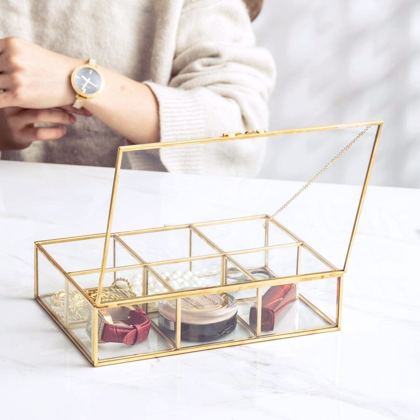 Golden Vintage Glass Box Clear Glass & Brass Metal Storage Jewelry and Cosmetic Makeup Lipstick Holder Organizer Beauty Display,