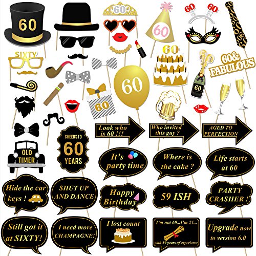 60th Birthday Party Photo Booth Props (51Count) for Her Him 60th Birthday Gold and Black Decorations, Konsait Big 60 Birth...