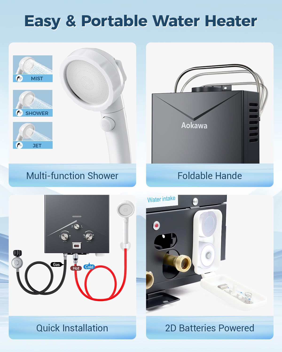 Aokawa Portable Propane Tankless Water Heater, 1.78 GPM On-Demand Hot Water Heater with Shower Head, Outdoor Camping RV Cabin Use, Propane Gas Instant Hot Water, Overheat & Anti-Freeze Protection