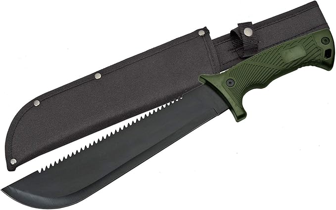 SZCO Supplies 16" Machete with Saw Back Blade – Tactical Hunting Knife with Rubberized Handle, Stainless Steel Blade, and ...