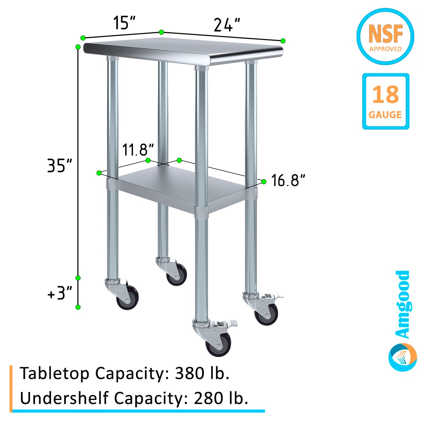 AmGood 24 in. x 15 in. Stainless Steel Work Table with Wheels | Metal Kitchen Food Prep Table | NSF