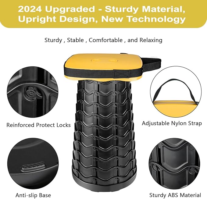 Outward Gear Upgraded Folding Stool Collapsible Portable Chairs Sturdy Heavy Duty 550lbs Load Capacity Telescopic Stool for Camping Travel Hiking (Yellow)