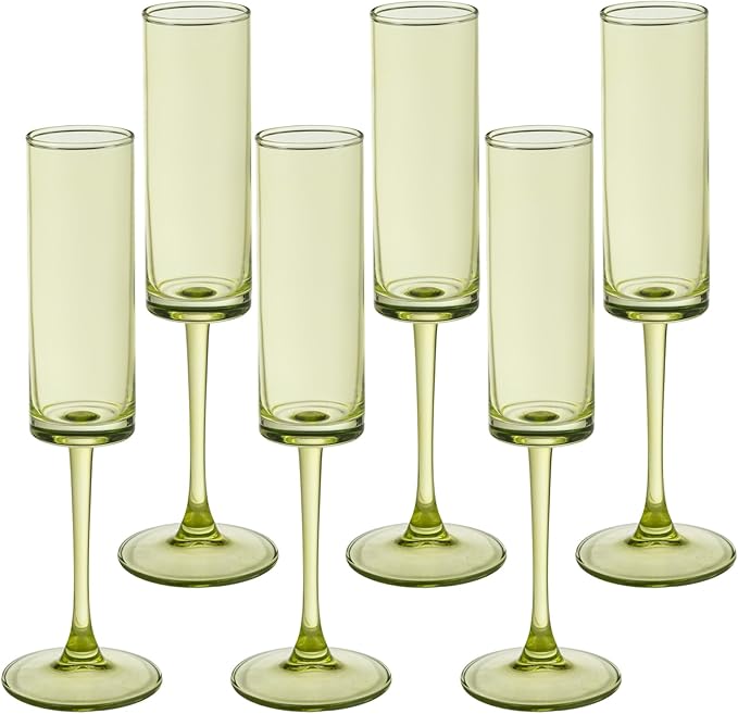 6 Pieces Green Champagne Flutes 6 OZ Straight Sided Wine Glasses Champagne Long Stem Drinking Colored Glasses,Set of 6 Han...