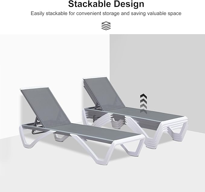 PURPLE LEAF Patio Chaise Lounge Chair Set Outside Aluminum Plastic Stackable Tanning Chairs with Side Table for Pool Sunbathing Beach Deck Outdoor Lounger, Light Grey