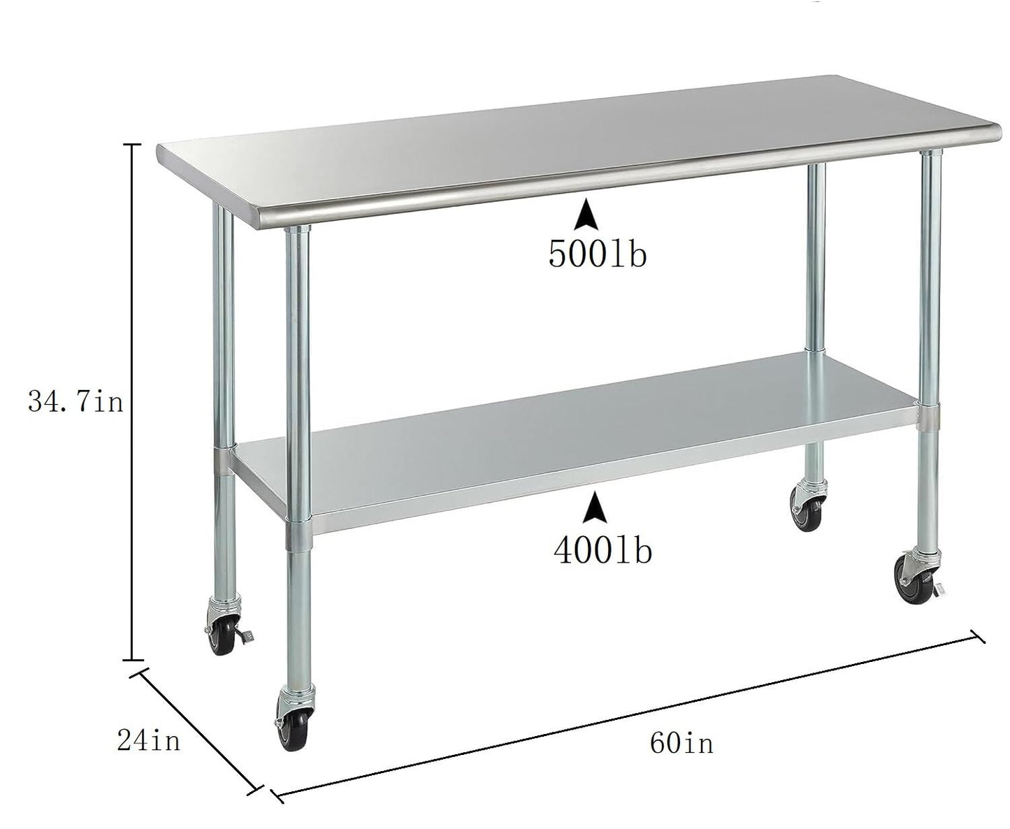 ROCKPOINT Stainless Steel Table for Prep & Work with Caster Wheels 24x60 Inches, NSF Metal Commercial Kitchen Heavy Duty Table with Adjustable Under Shelf and Table Foot for Restaurant, Home and Hotel