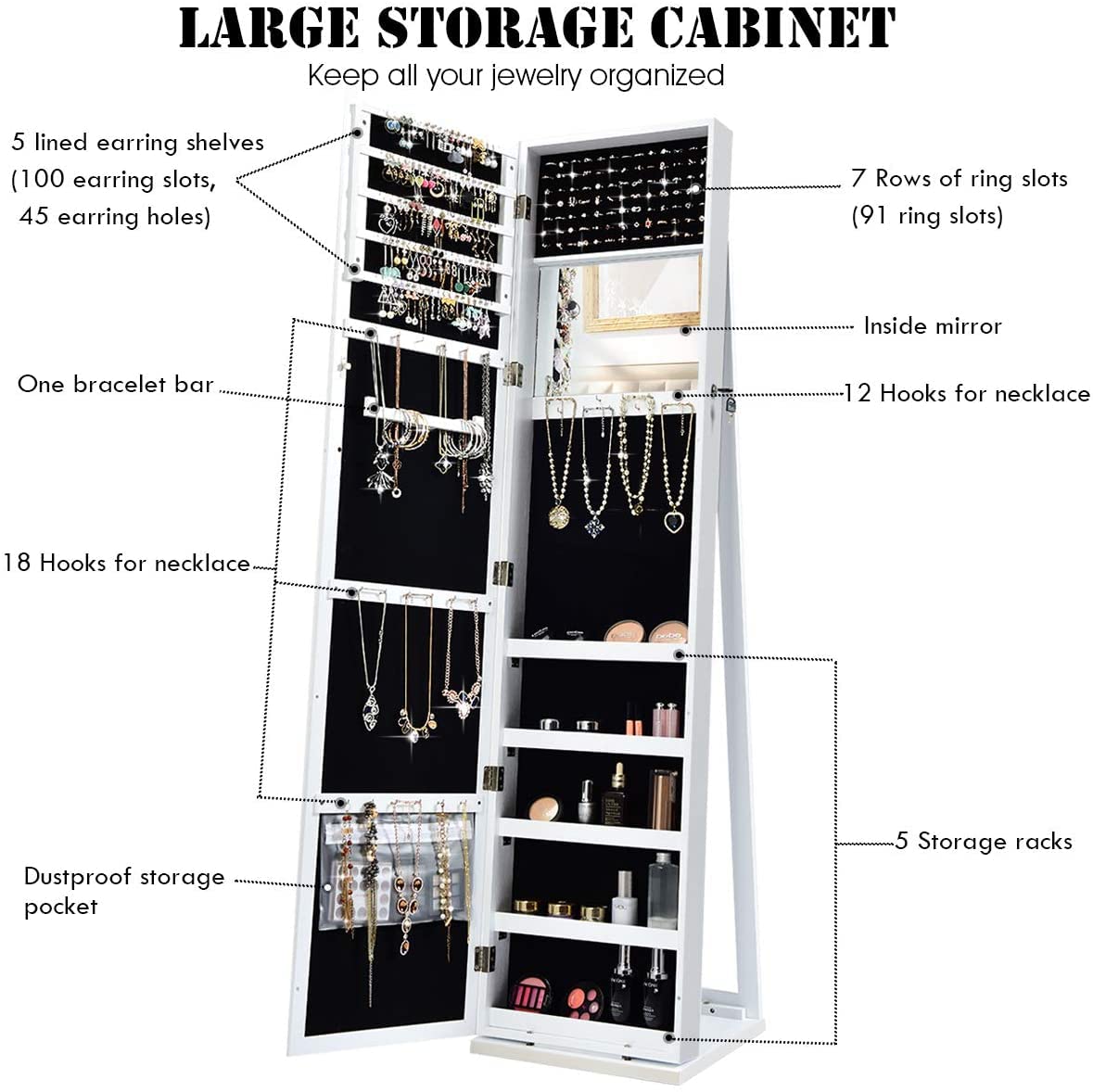 FANTASK Full Length Mirror Jewelry Cabinet, Free Standing Jewelry Armoire w/Inside Makeup Mirror, Stable Base, Large Storage Capacity, White Lockable Jewelry Cabinet Organizer, Easy Assembly