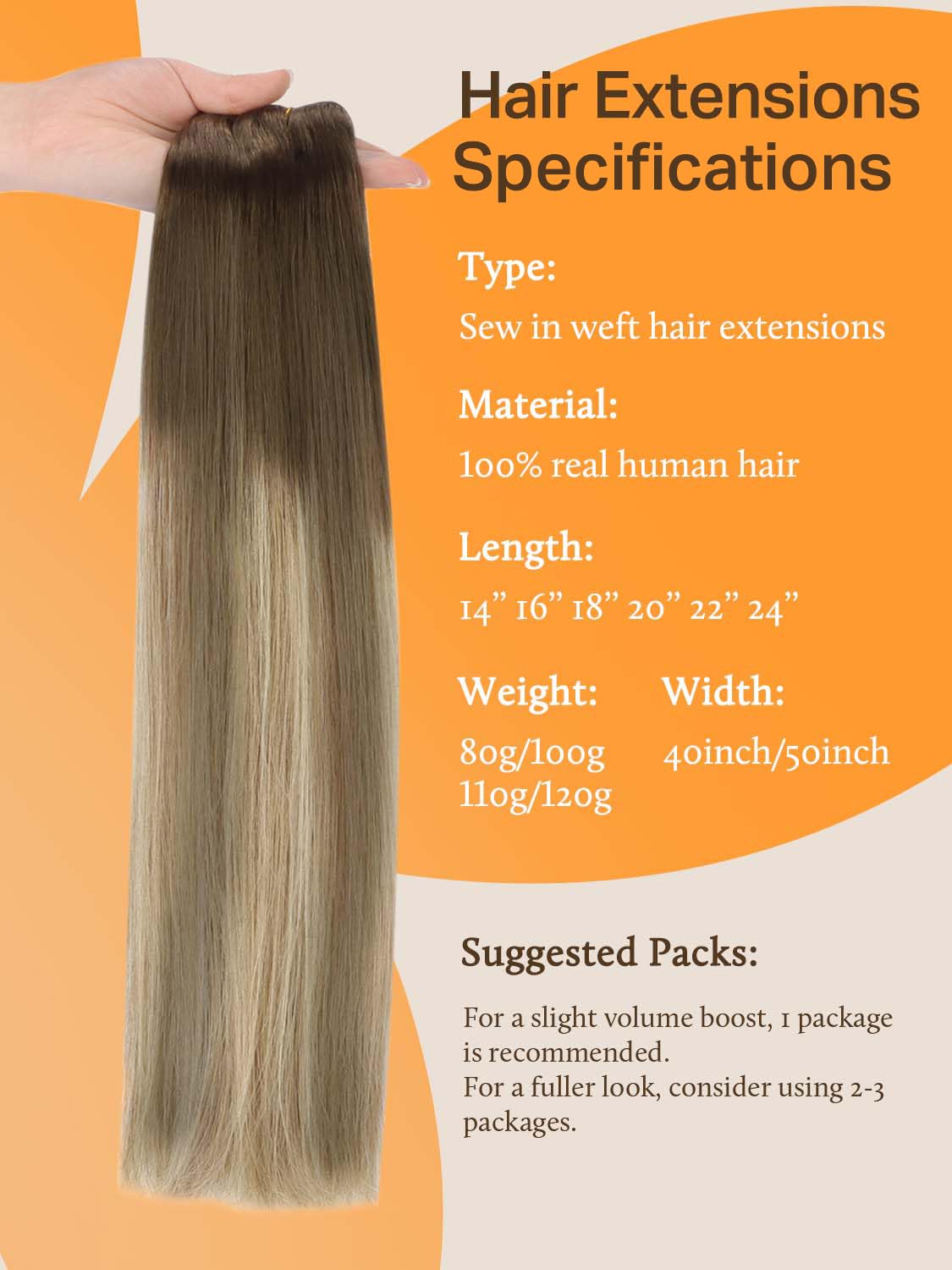 DOORES Weft Hair Extensions Human Hair, 20 Inch 100g Balayage Walnut Brown to Ash Brown and Bleach Blonde, Sew In Real Hair Weft