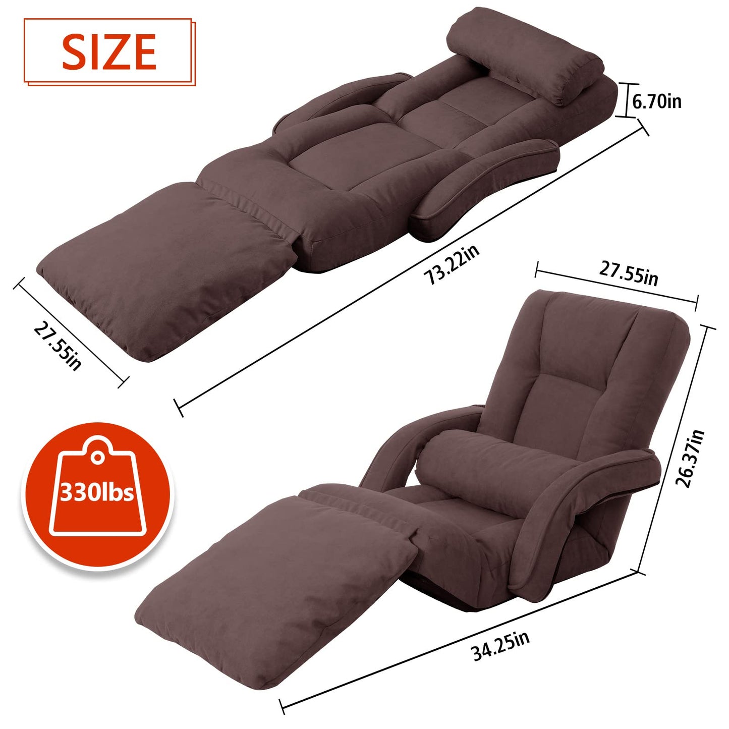 DeeLyan Foldable Lazy Sofa Bed 14-Position Adjustable Comfy Floor Chair Chaise Lounge with Armrests and Pillow with Gaming Recliner for Adults Kids with Foot Rest Futon Sofa (Brown)