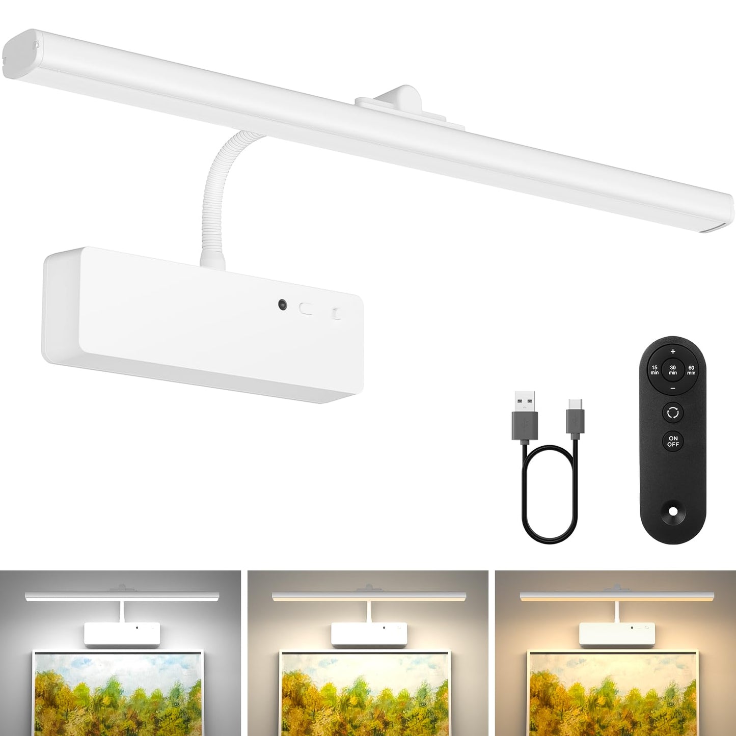 Lightbiz Picture Light, 15.35inch 5400mAh Rechargeable Picture Lights for Wall Battery Operated Wall Lights with Remote, 3 Colors Paintings Light Dimmable Art Light for Artwork, Gallery (White)