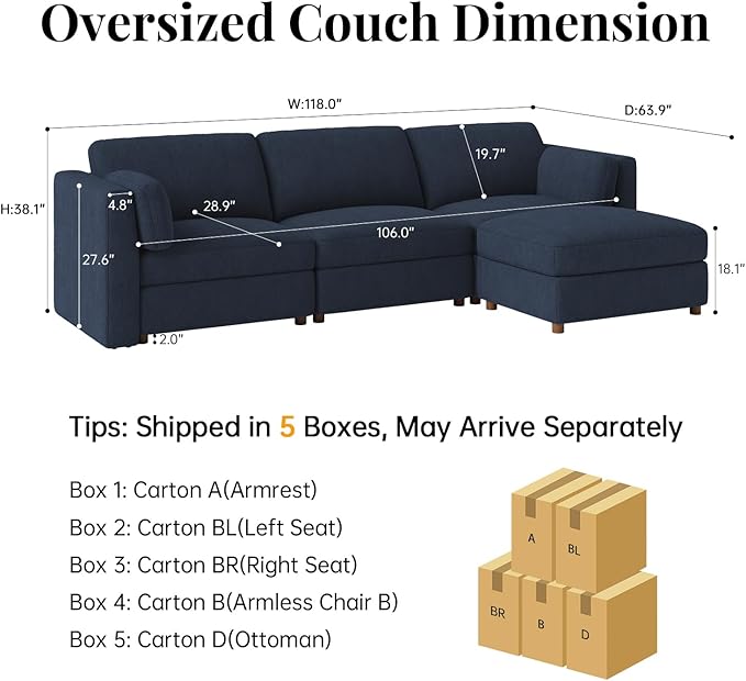 CUGOAO 118'' Modular Sectional Sofa, Oversized L-Shaped Sectional Couch with Ottoman, Deep Seat Chenille Cloud Couch, Mordern Upholstered Couches for Living Room, Apartment, Office, Blue