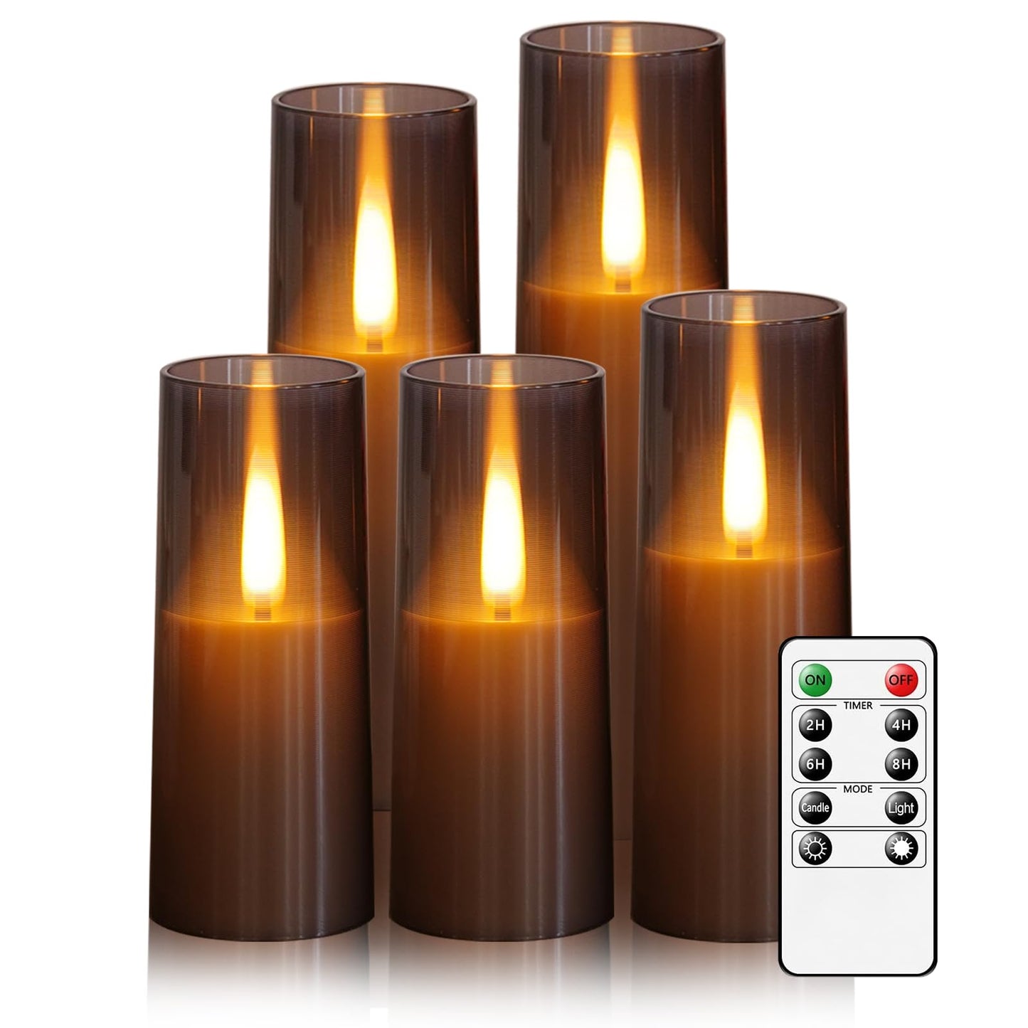JINYANIA Flameless LED Candles, Upgraded Realistic Flickering Flame Battery Operated Candles with Remote Timer, Acrylic Electric Set of 5 for Romantic Ambiance and Home Decoration（Grey）