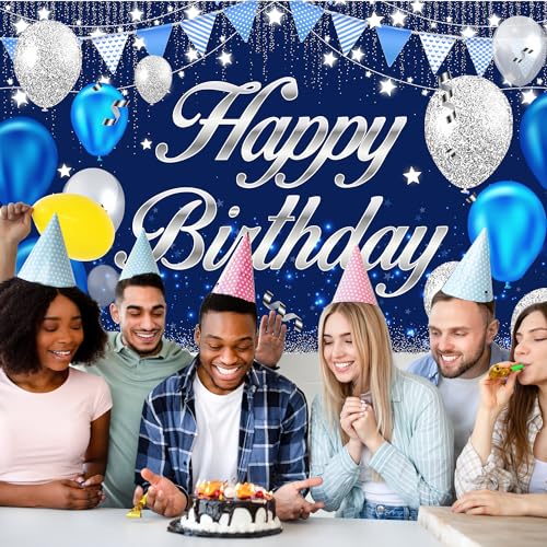 MDCGFOD Happy Birthday Banner - Birthday Decorations for Men Women Boys Girls Blue Sliver Birthday Party Banners Welcome H...