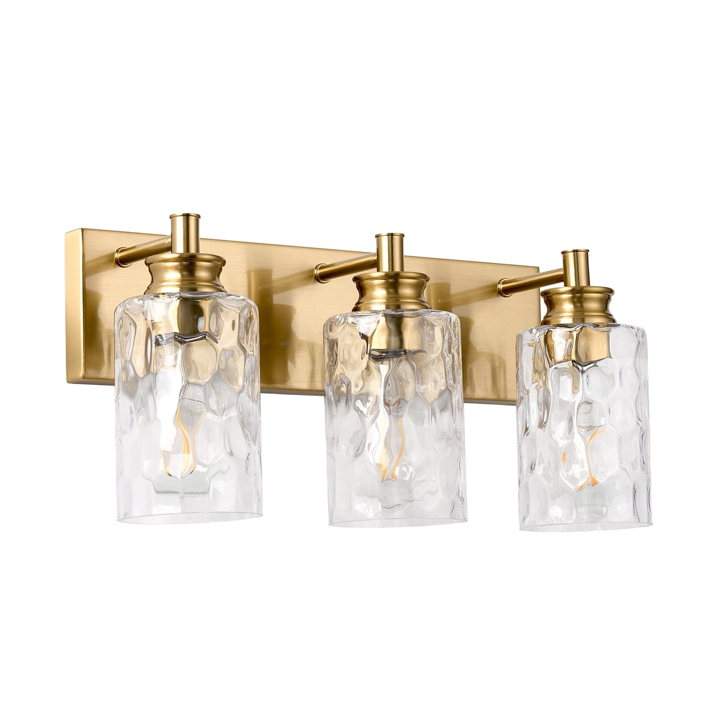 AMRUIPO 3 Light Bathroom Vanity Light Modern Brushed Gold Bathroom Light Fixtures Over Mirror with Hammered Glass Lampshade for Kitchen Hallway