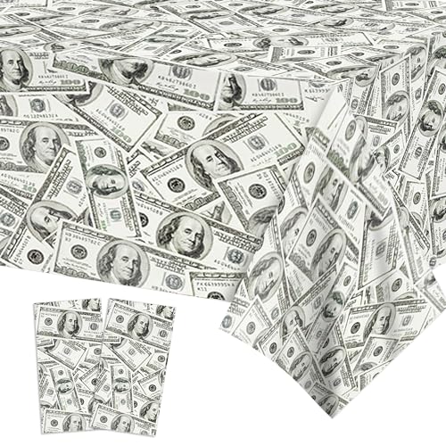 2 PCS Dollar Party Tablecloths, 87" Lx51 W Rectangular Plastic Table Covers, Birthday Party Disposable Tablecloths Party D...