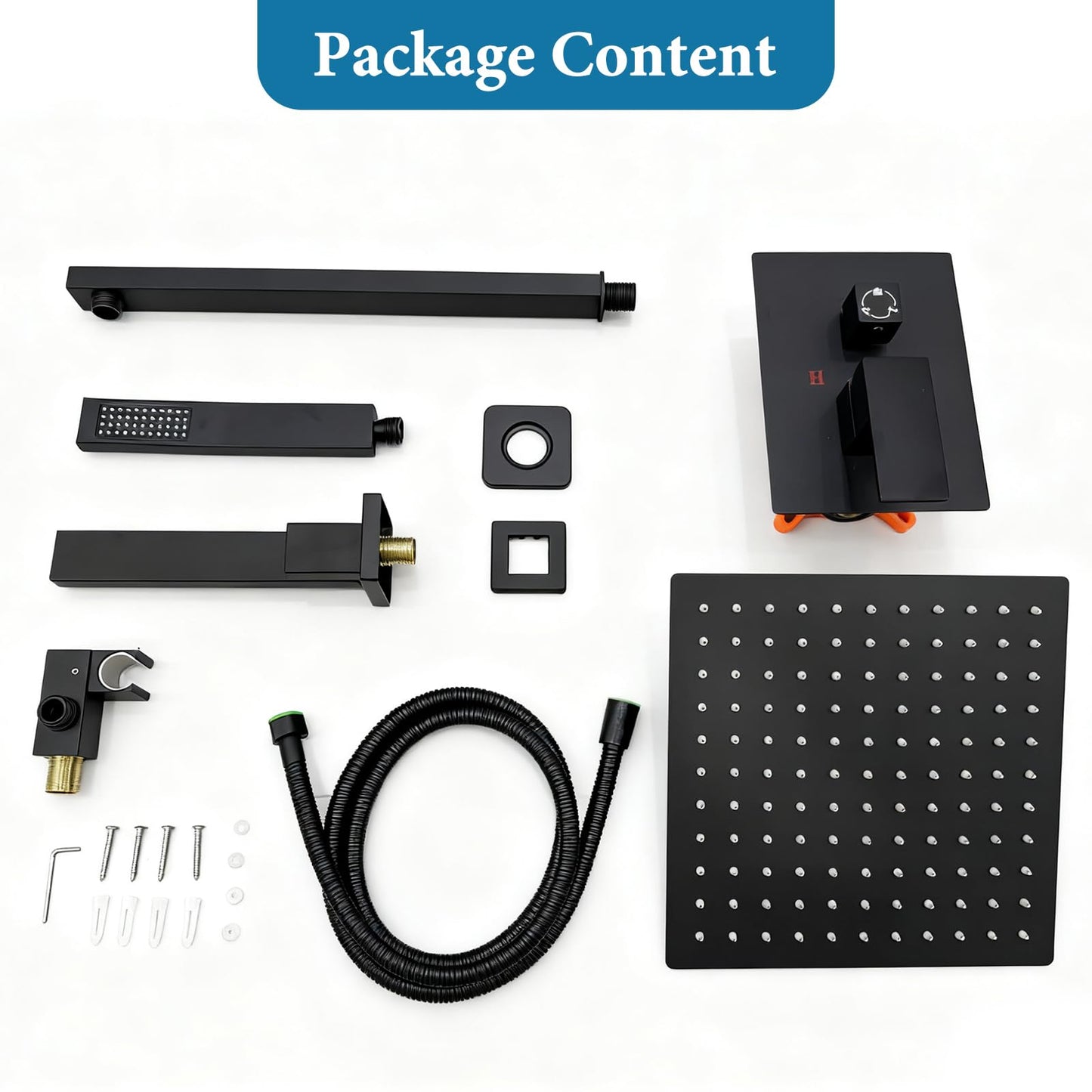 12 inch Square Shower Head and Handheld Set, Gasecoet Shower System with Tub Spout Wall Mounted Shower Faucet for Bathroom - Matte Black (With Shower Valve)