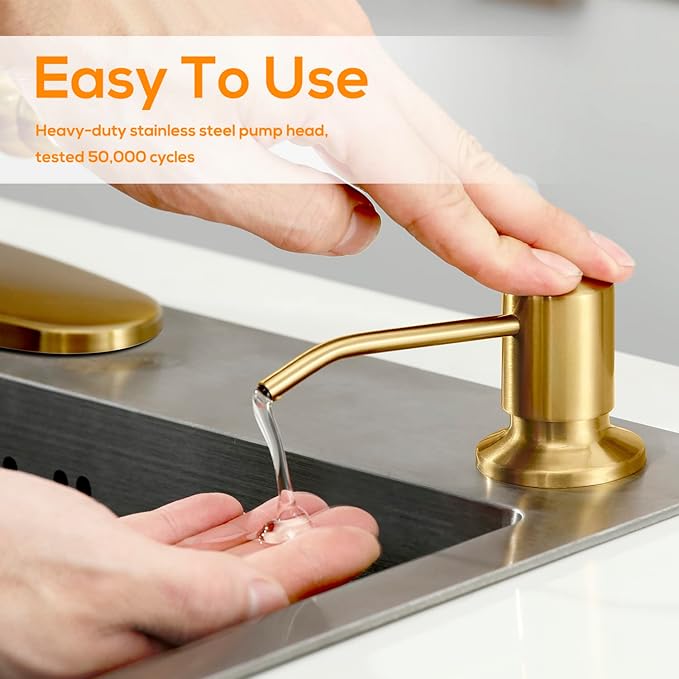 Gold Soap Dispenser for Kitchen Sink, Built in Dish Soap Dispenser Brushed Gold Stainless Steel Pump Head, Counter Soap Lotion Dispenser Refill from The Top with 17 Oz PE Bottle