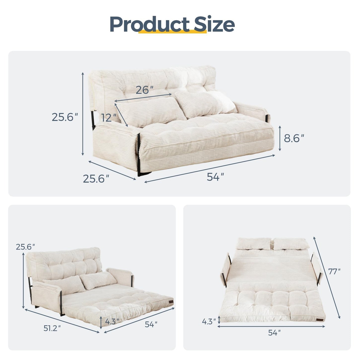 MAXYOYO Adjustable Floor Sofa Couch with 2 Pillows, Multi-Functional Bean Bag Bed, 5-Position Foldable Lazy Sofa Sleeper Bed with Armrest Versatile Floor Seating for Reading Gaming, Beige, Double