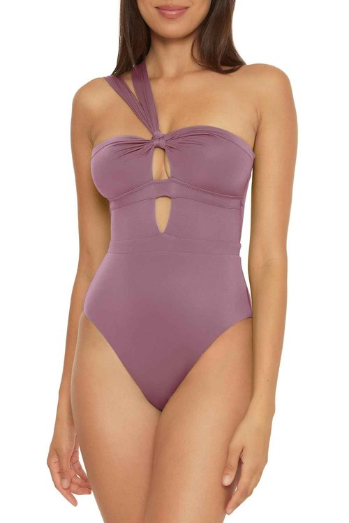 Becca by Rebecca Virtue Color Code - Women's Convertible Bandeau One Piece Swimsuit, Asymmetrical Straps, Bathing Suits for Women, Fig, Medium