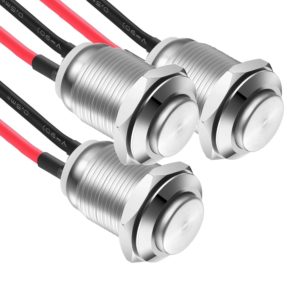 Gebildet 3 Pcs 12mm Prewired High Head Waterproof Push Button Latching 2A 12V/24V/125V/250V AC Self-Locking Stainless Steel Push Button On Off